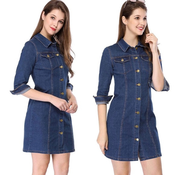Allegra K Women's 3/4 Sleeve Button Down Denim Shirt Dress Size Small NWT - Picture 2 of 16